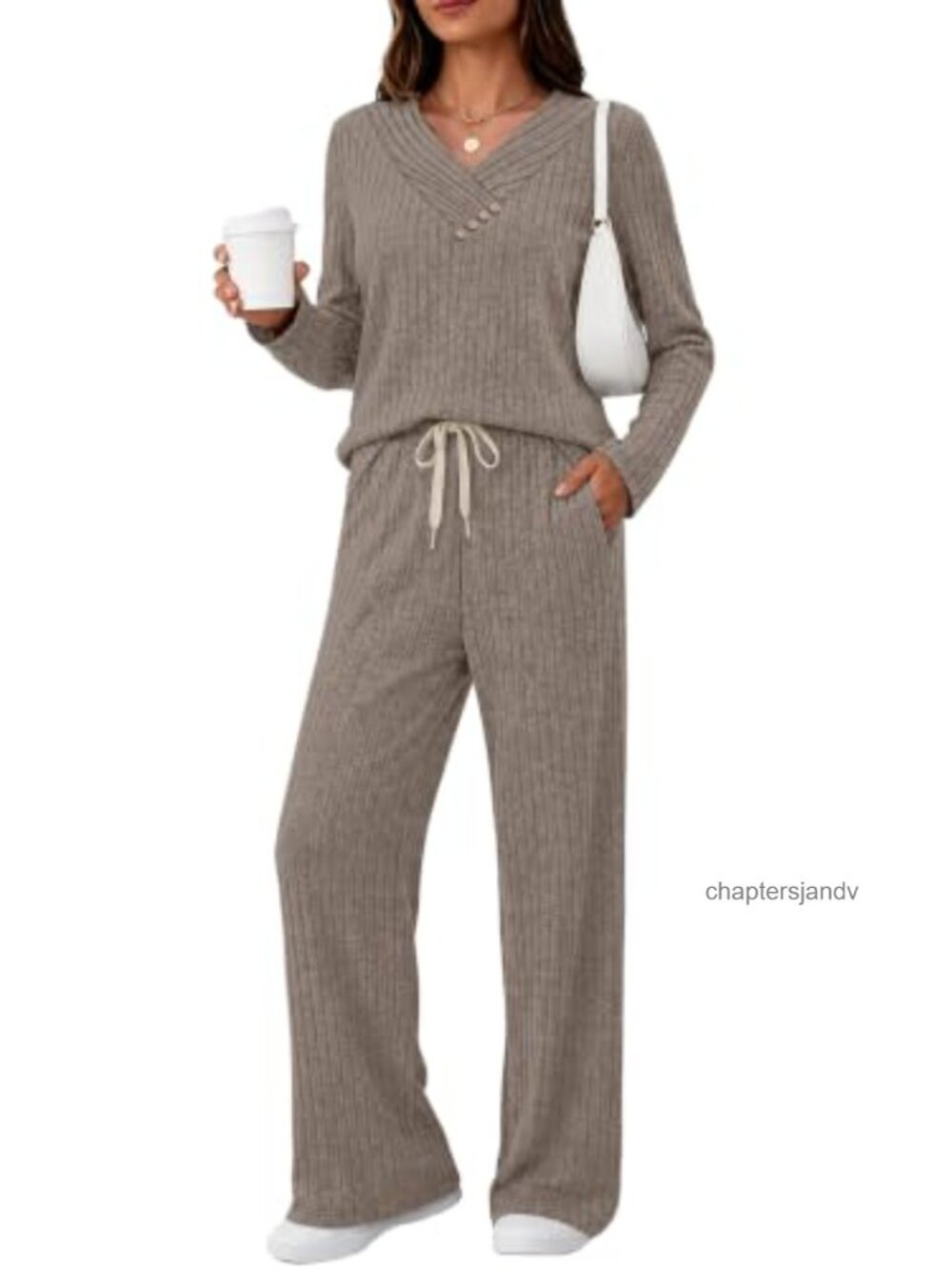 Women's 2 Piece Lounge Set Ribbed Knit V-Neck Top & Drawstring Pants